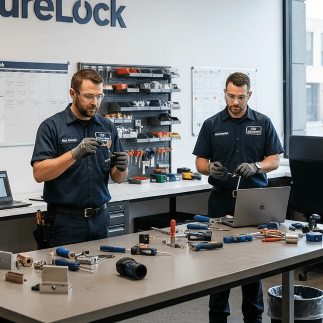 Two Metro Locksmith technicians preparing locks at the workshop bench