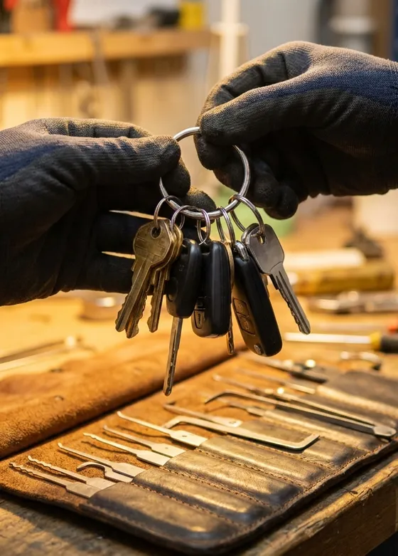 Gloved hand holding a set of freshly cut keys over the workbench